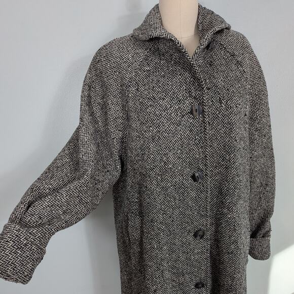 Vintage Wool Blend Coat L Black Cream 80s 90s Overcoat Trench Herringbon Classic - Picture 7 of 16